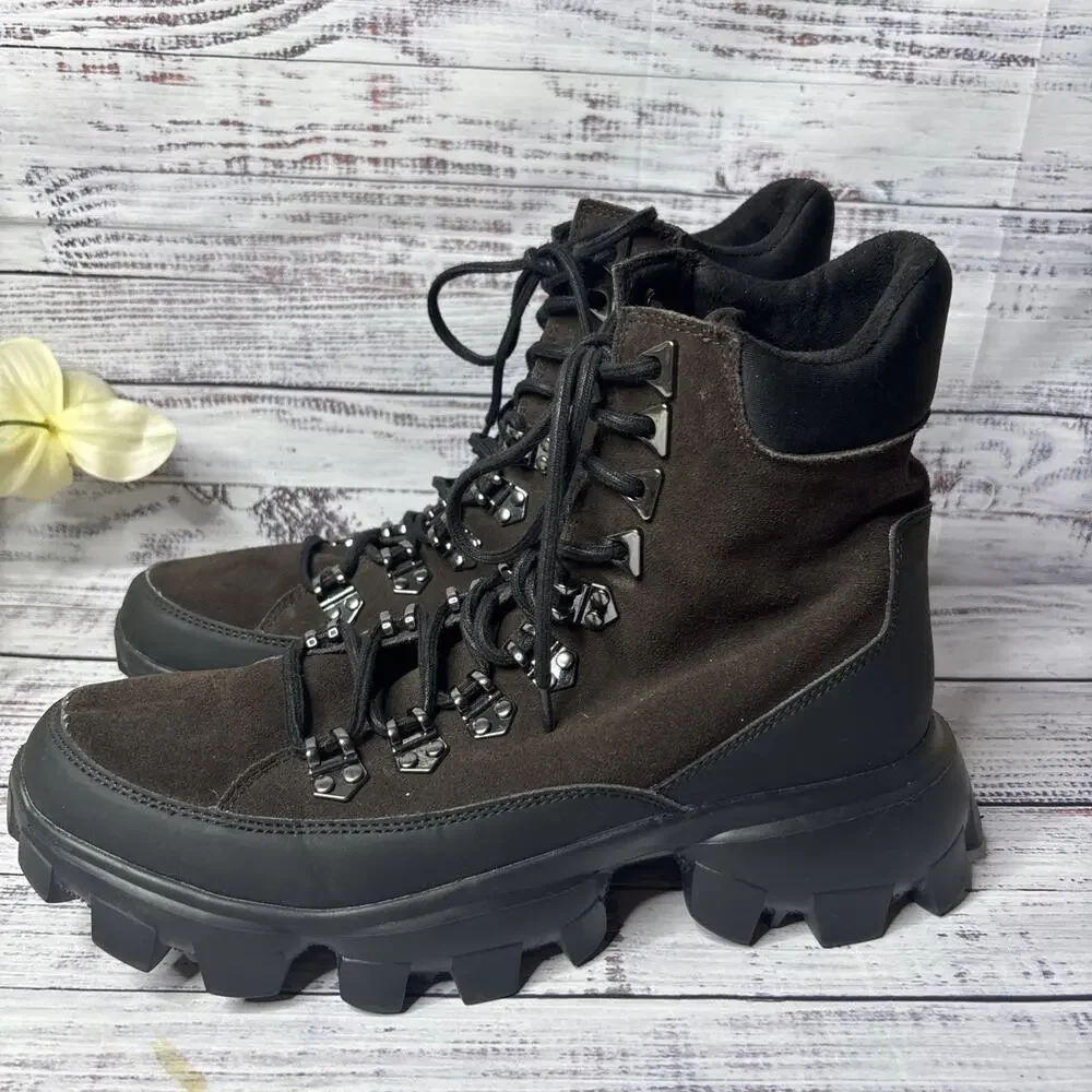 Karl Lagerfeld Paris Womens 9.5 Brown Hiking Combat Boots Chunky Lug Sole